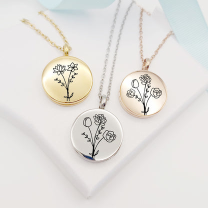 Birth flower bouquet locket with photo for mom.