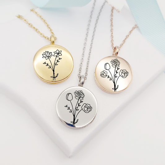 Birth flower bouquet locket with photo for mom. - mobimomentos