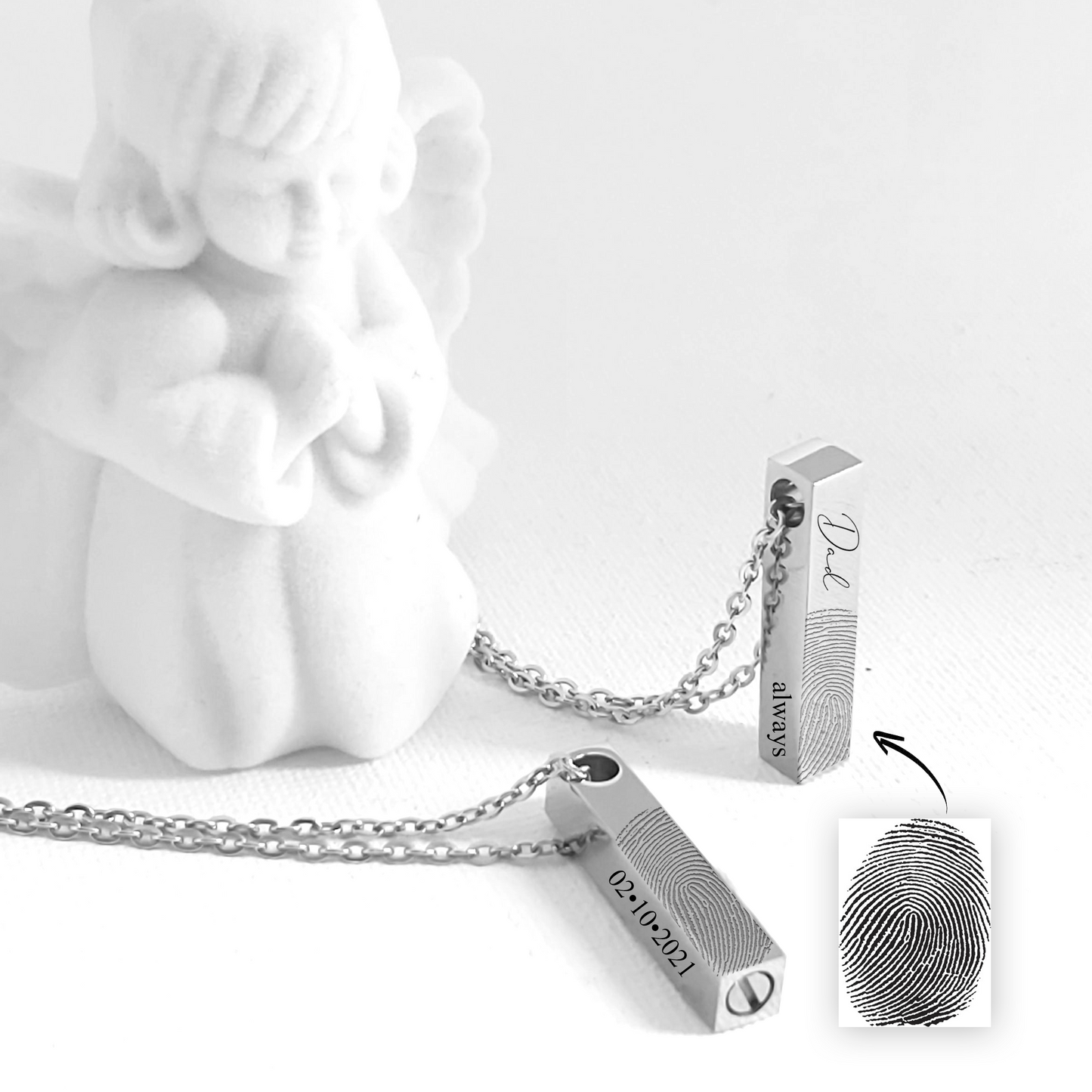 Custom thumbprint urn bar necklace for human ashes.
