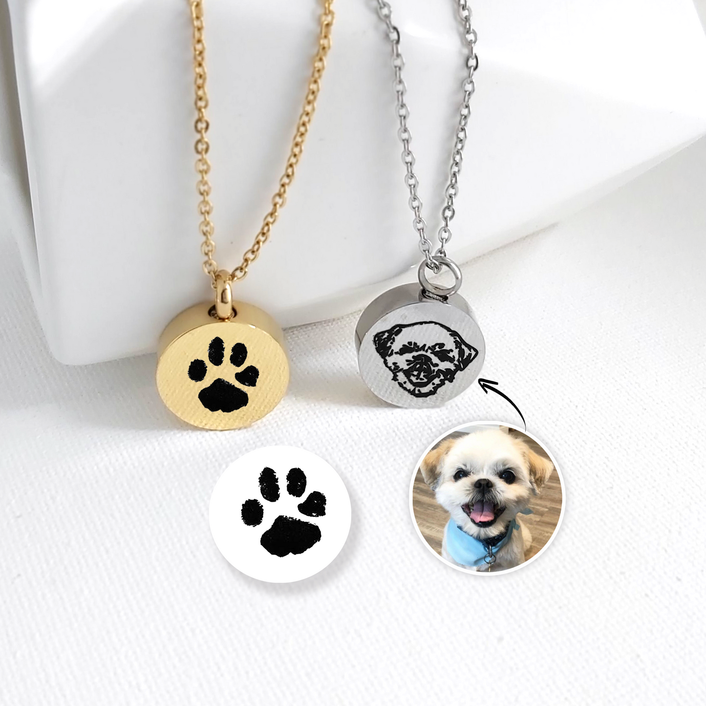 Pet portrait cremation urn necklace for ashes.