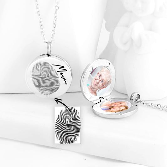 Memorial thumbprint locket with photos and engraving.