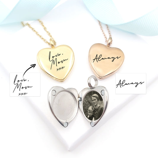 Handwriting and signature heart locket with photos.
