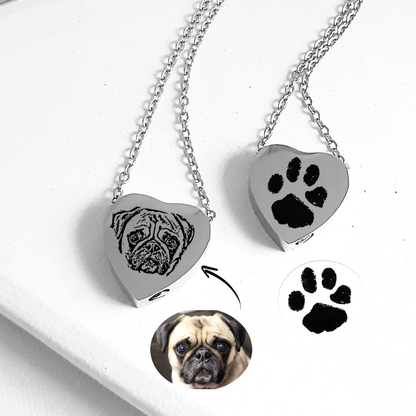 Pet portrait cremation heart urn necklace for ashes.