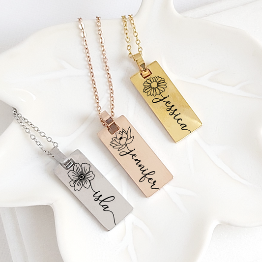 Birthday Bloom - Birth Flower Rectangle Necklace with Name