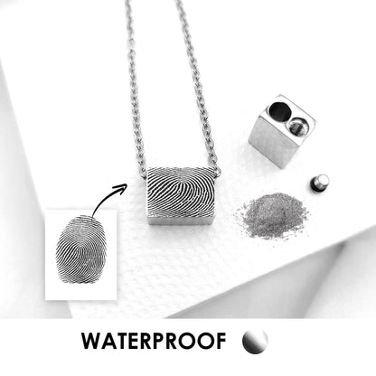 Rectangle thumbprint urn necklace for human ashes.