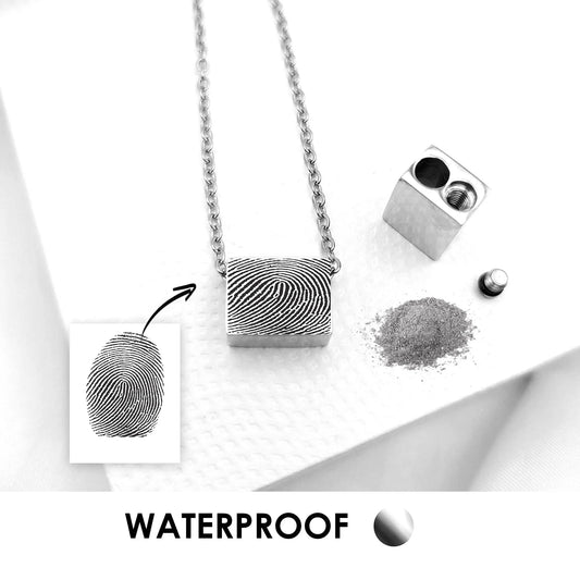 Rectangle thumbprint urn necklace for human ashes.