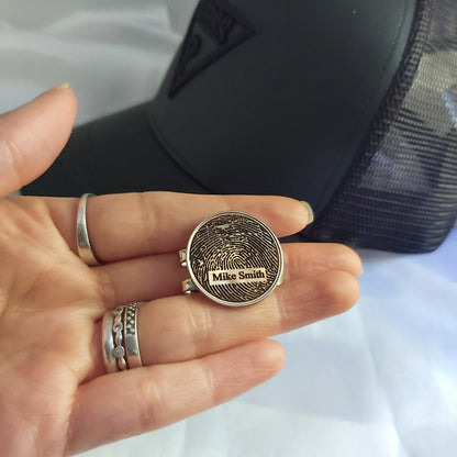 Personalized golf hat magnetic clip and ball marker engraved with fingerprint or your own handwriting, memorial gift, loss of dad, grandad