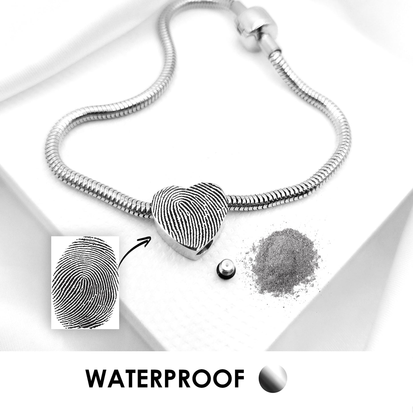 Heart urn charm for ashes compatible with Pandora bracelets, engraved with custom fingerprint