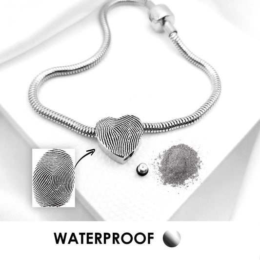 Heart urn charm for ashes compatible with Pandora bracelets, engraved with custom fingerprint