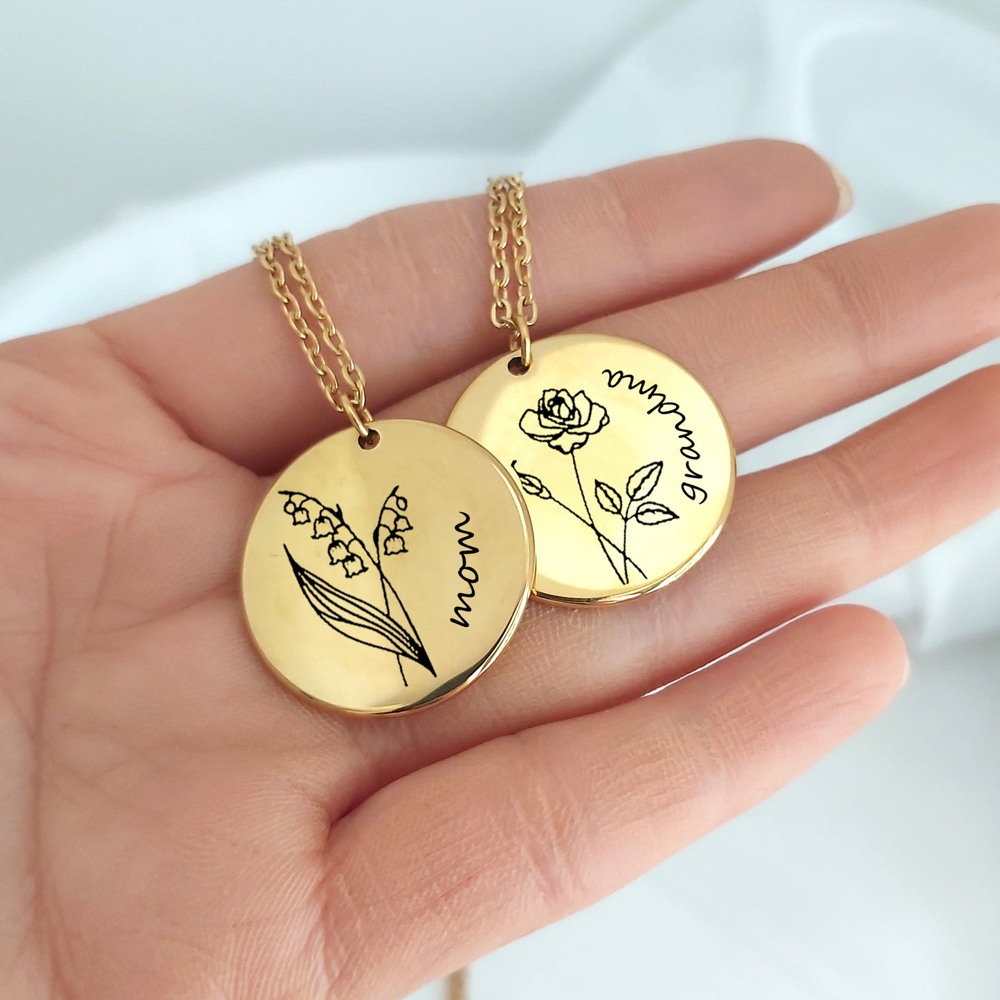 Personalized birth flower necklace with name.