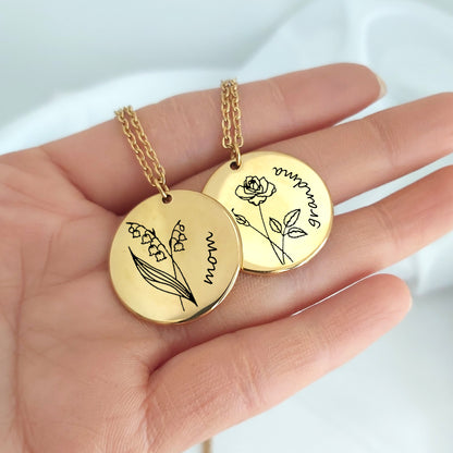 Personalized birth flower necklace with name.