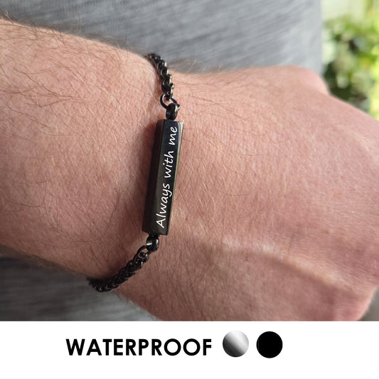 Custom engraved bar urn bracelet for ashes.