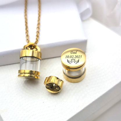 Personalized urn necklace for human ashes or hair.