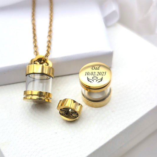 Personalized urn necklace for human ashes or hair.