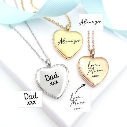 Handwriting and signature heart locket with photos.