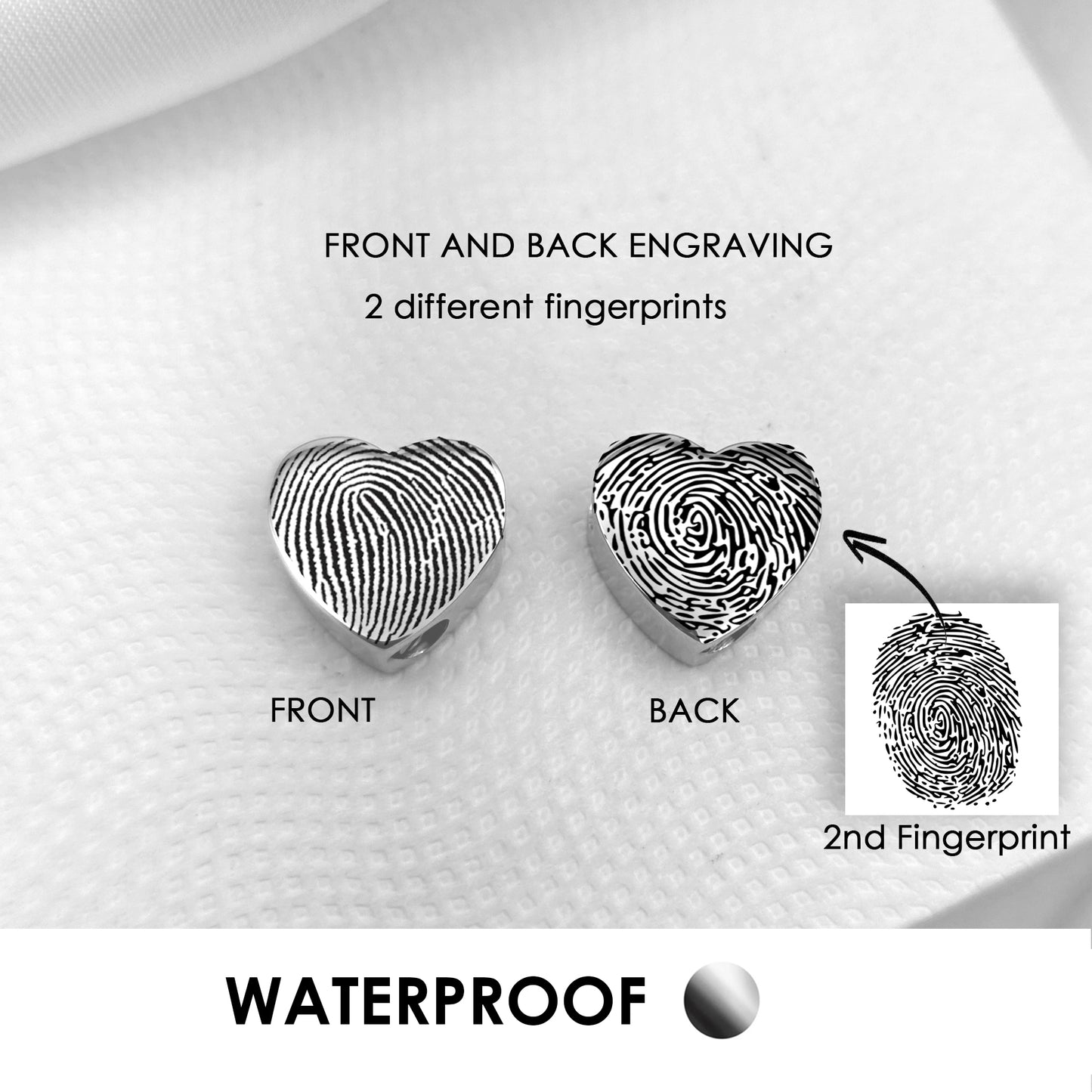 Engraved thumbprint cremation heart urn charm for bracelet for ashes.