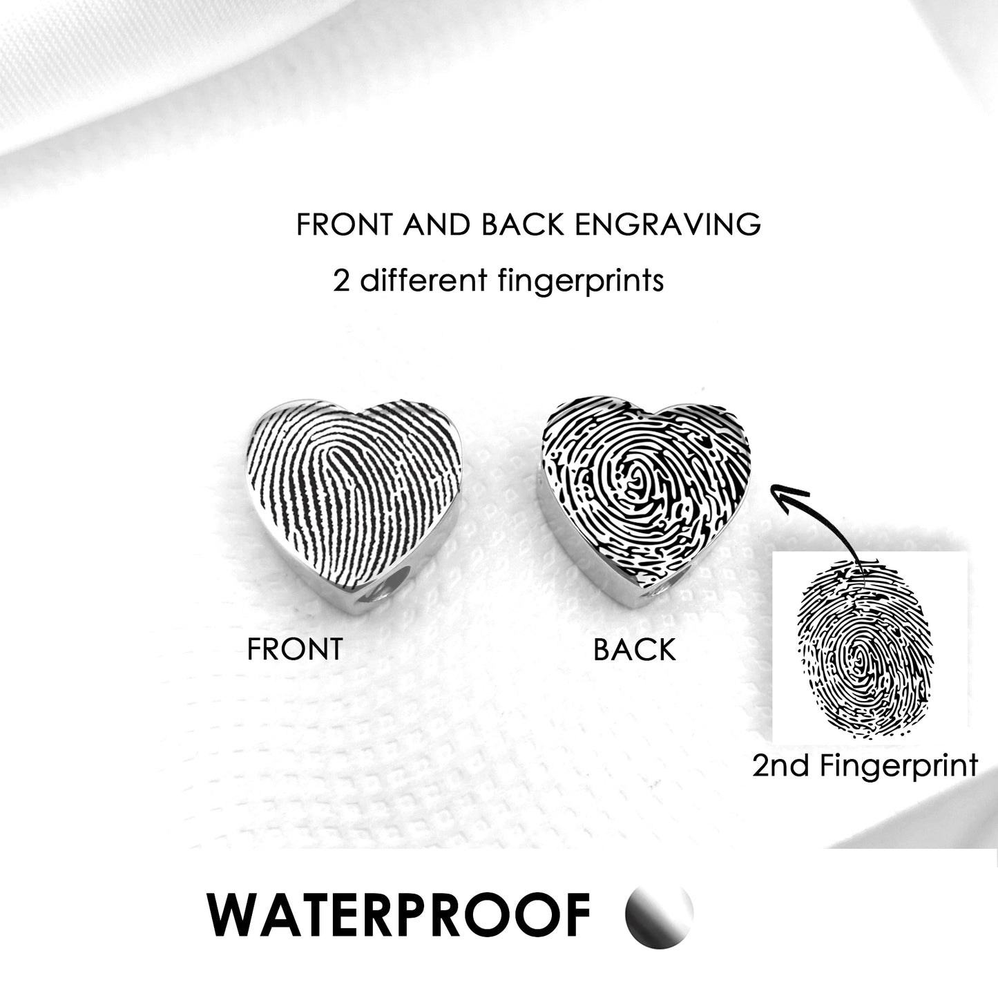 Heart urn charm for ashes compatible with Pandora bracelets, engraved with custom fingerprint