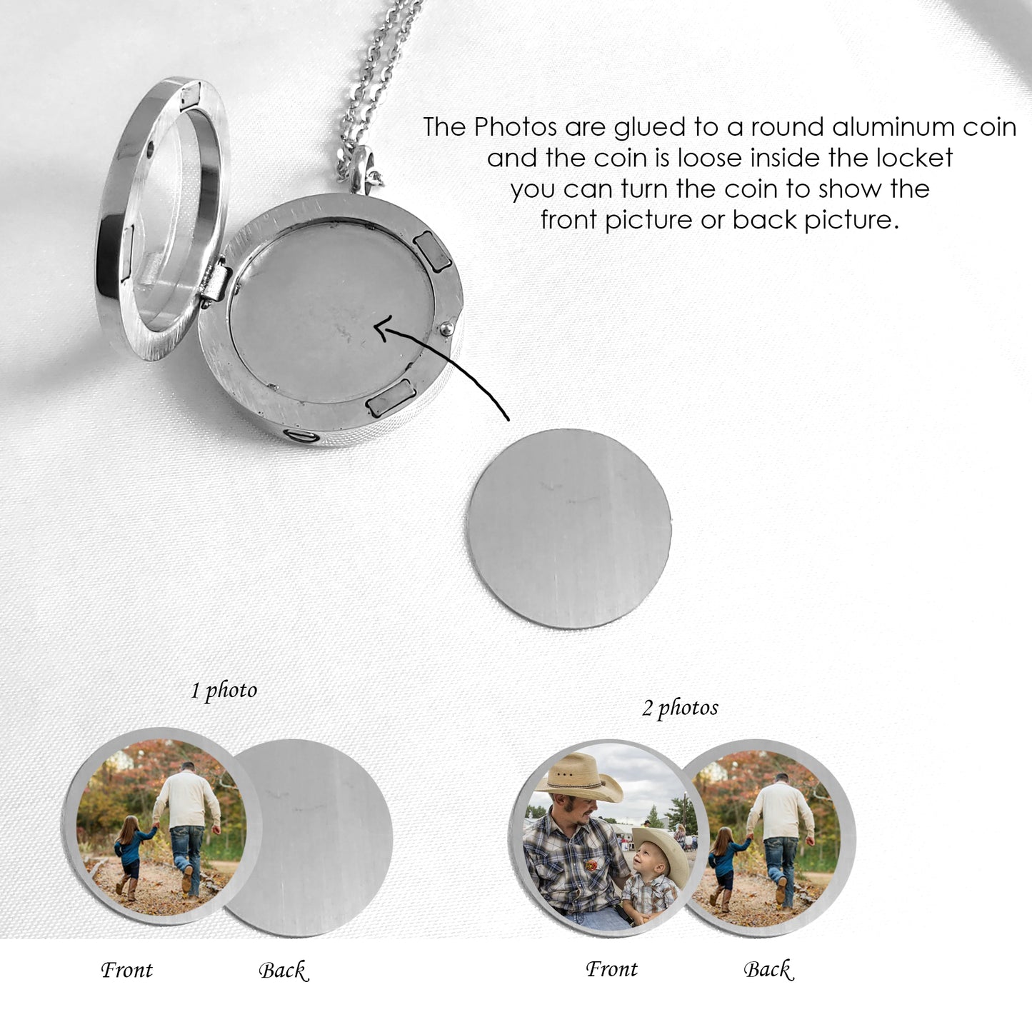 Memorial handwriting locket with photos and urn for ashes.