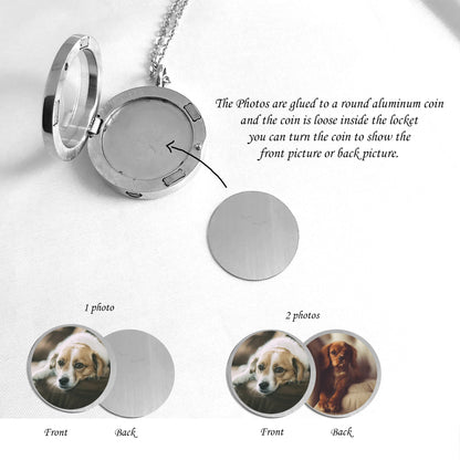 Pet paw print memorial locket with photos and urn for ashes.