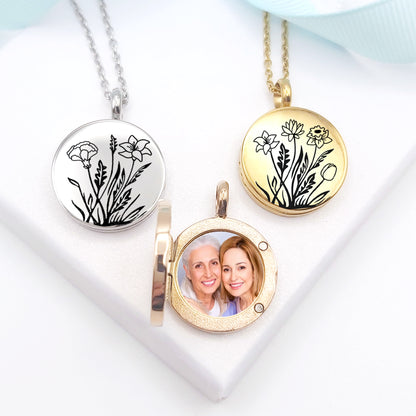 Personalized Birth flower bouquet locket with photo for woman.
