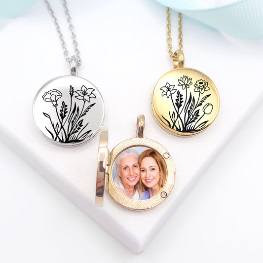 Personalized Birth flower bouquet locket with photo for woman.