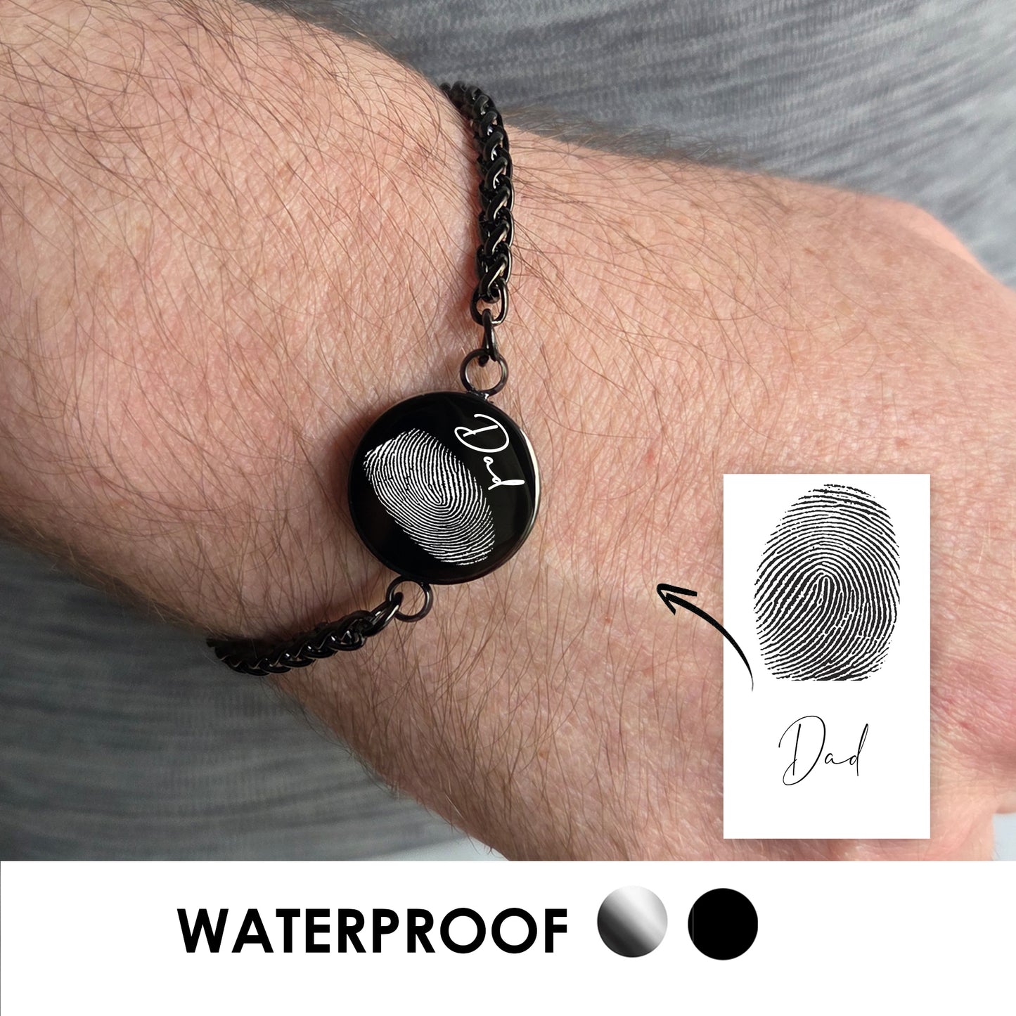 Handwriting and thumbprint round urn bracelet for ashes.