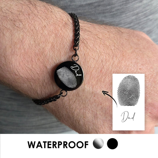 Handwriting and thumbprint round urn bracelet for ashes.