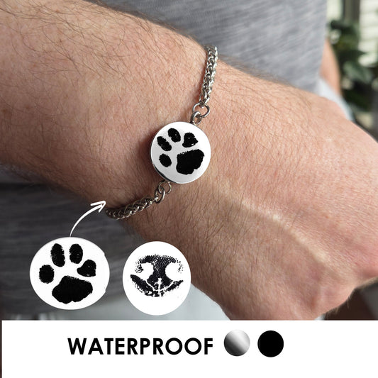 Custom paw print round urn bracelet for ashes.