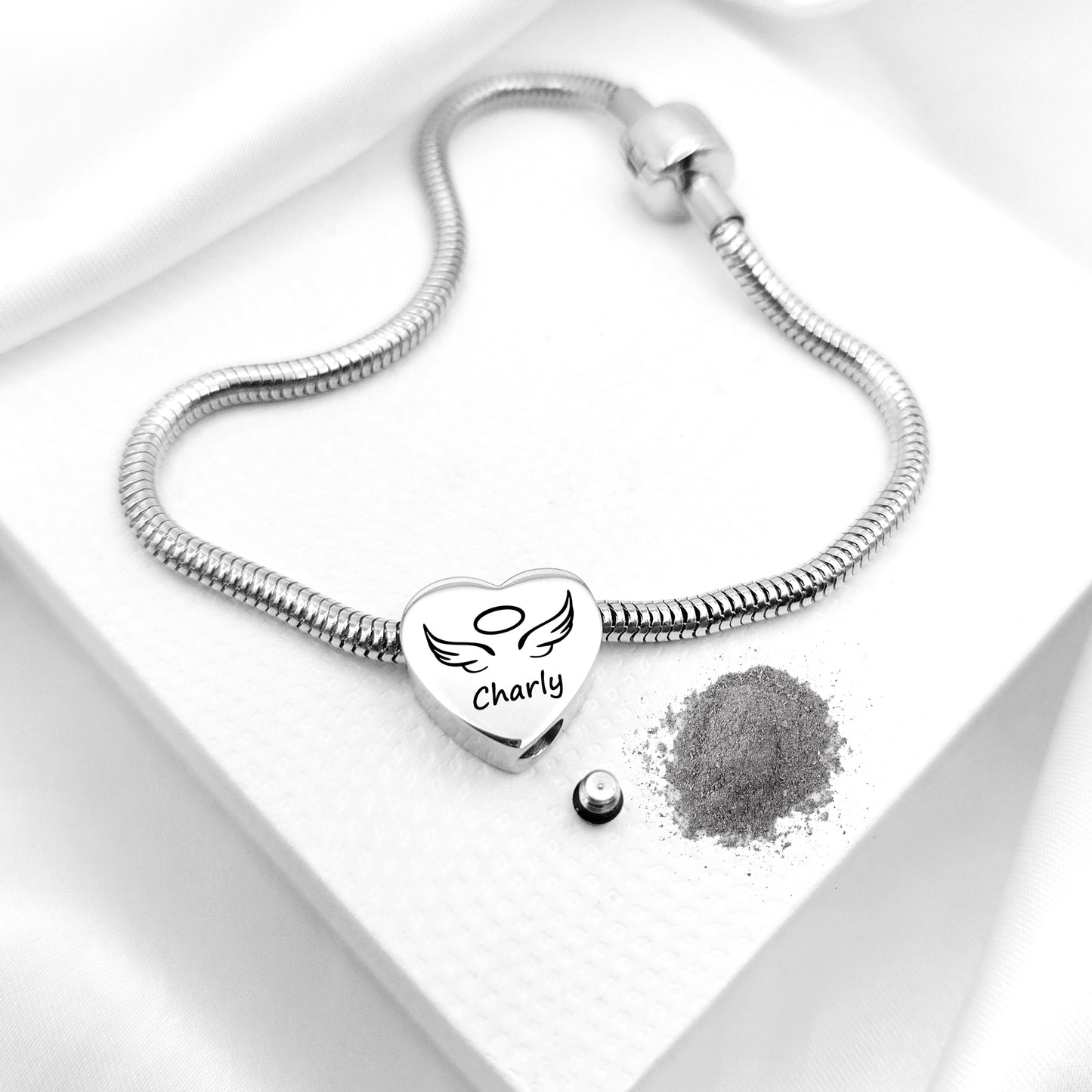 Engraved cremation heart urn charm for bracelet for ashes.