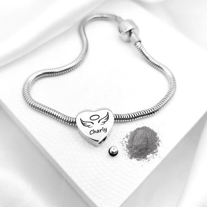 Engraved cremation heart urn charm for bracelet for ashes.