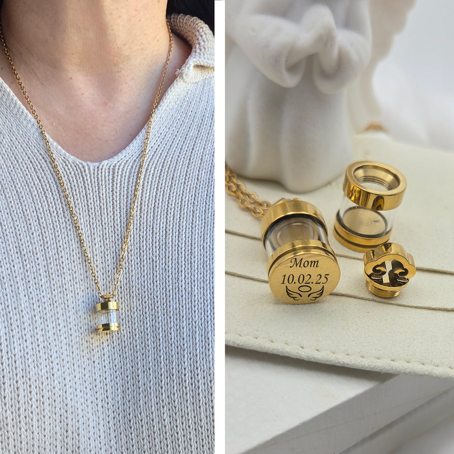 Personalized urn necklace for human ashes or hair.