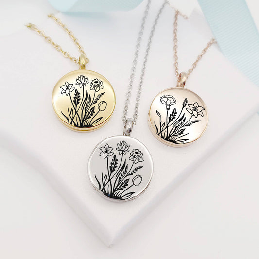 Personalized Birth flower bouquet locket with photo for woman. - mobimomentos