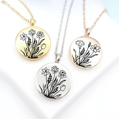Médaillon de bouquet de fleurs de naissance personnalisé avec photo pour femme.