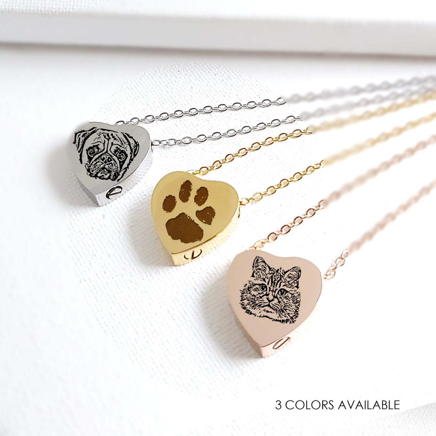 Pet portrait cremation heart urn necklace for ashes.