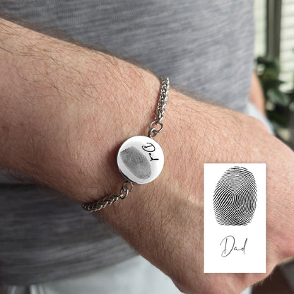 Handwriting and thumbprint round urn bracelet for ashes.