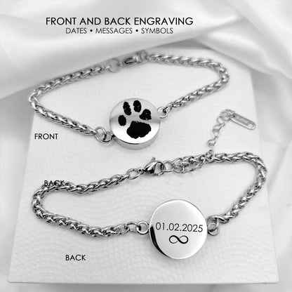 Custom paw print round urn bracelet for ashes.