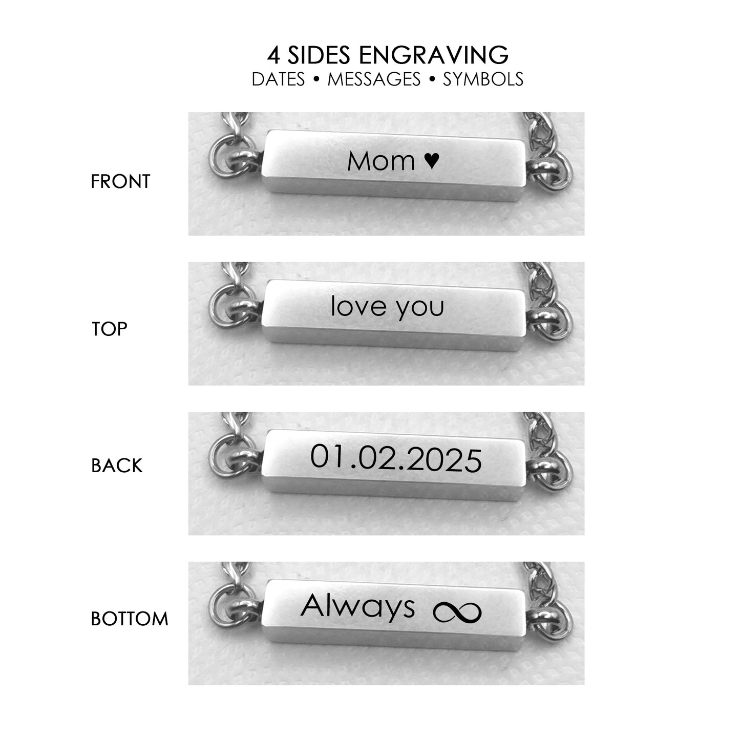 Custom engraved bar urn bracelet for ashes.
