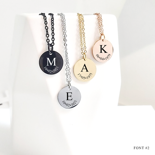Engraved Initial necklace with date for her and him.