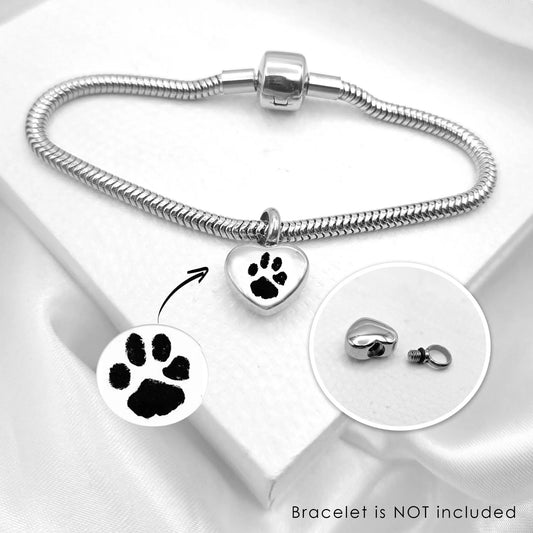Custom paw print heart urn charm for bracelet for ashes.