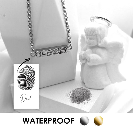 Custom thumbprint urn bar necklace for human ashes. - mobimomentos