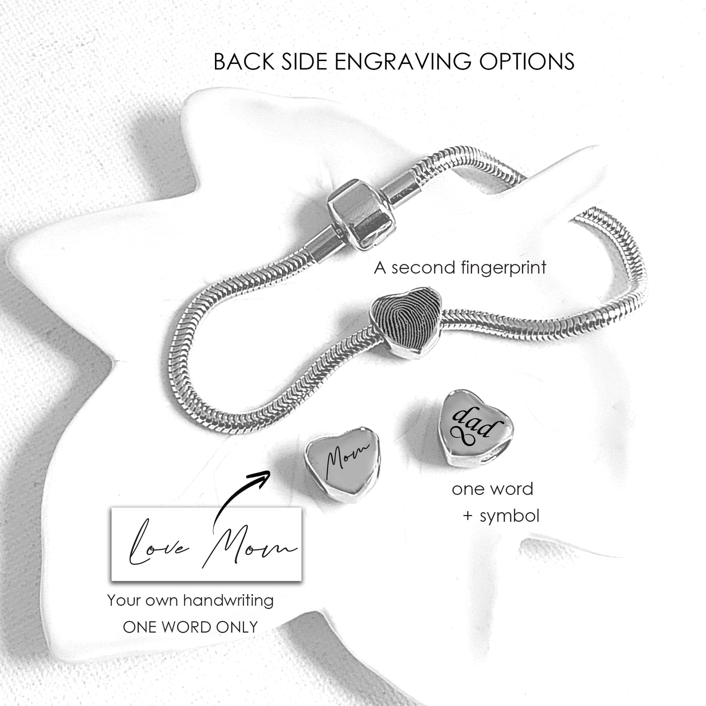 Engraved thumbprint heart charm for bracelet.