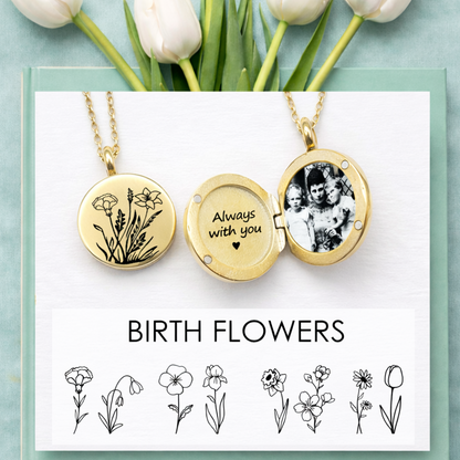 Gold personalized locket necklace with engraved birth flowers displayed on a white card over a mint green background with white tulips. One round pendant shows floral engraving, while the open locket reveals a photo and the message “Always with you.” Below, a birth flower chart highlights customization options. Custom engraved jewelry gift for mom, grandma, memorial keepsake, personalized photo locket, meaningful gift.