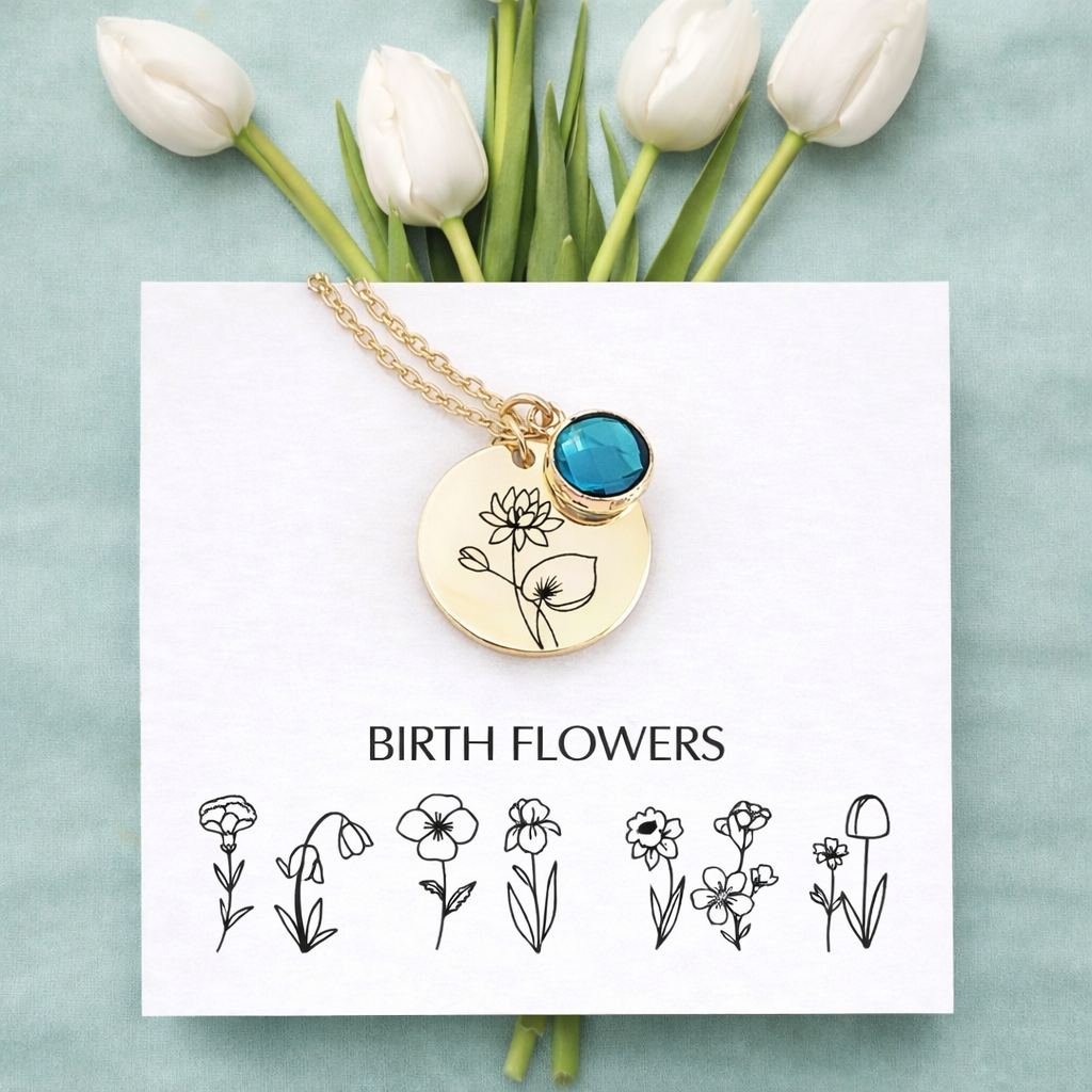 Collier de fleurs de naissance personnalisé avec nom.