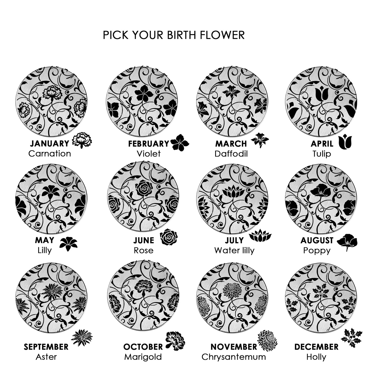 Custom engraved locket with birth flower for woman.