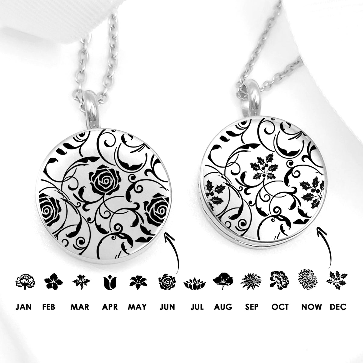 Round stainless steel locket with a polished finish, custom laser engraved with a personalized birth flower pattern and name.