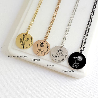 Personalized birth flower necklace with name.