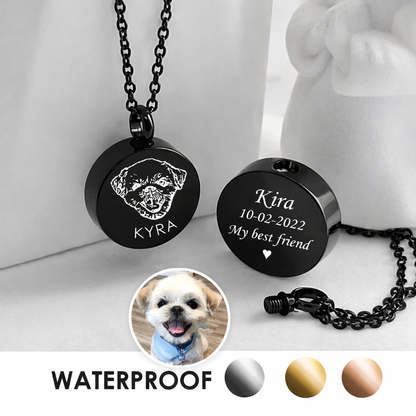Round urn necklaces for pet ashes, engraved with custom pet paw or nose print