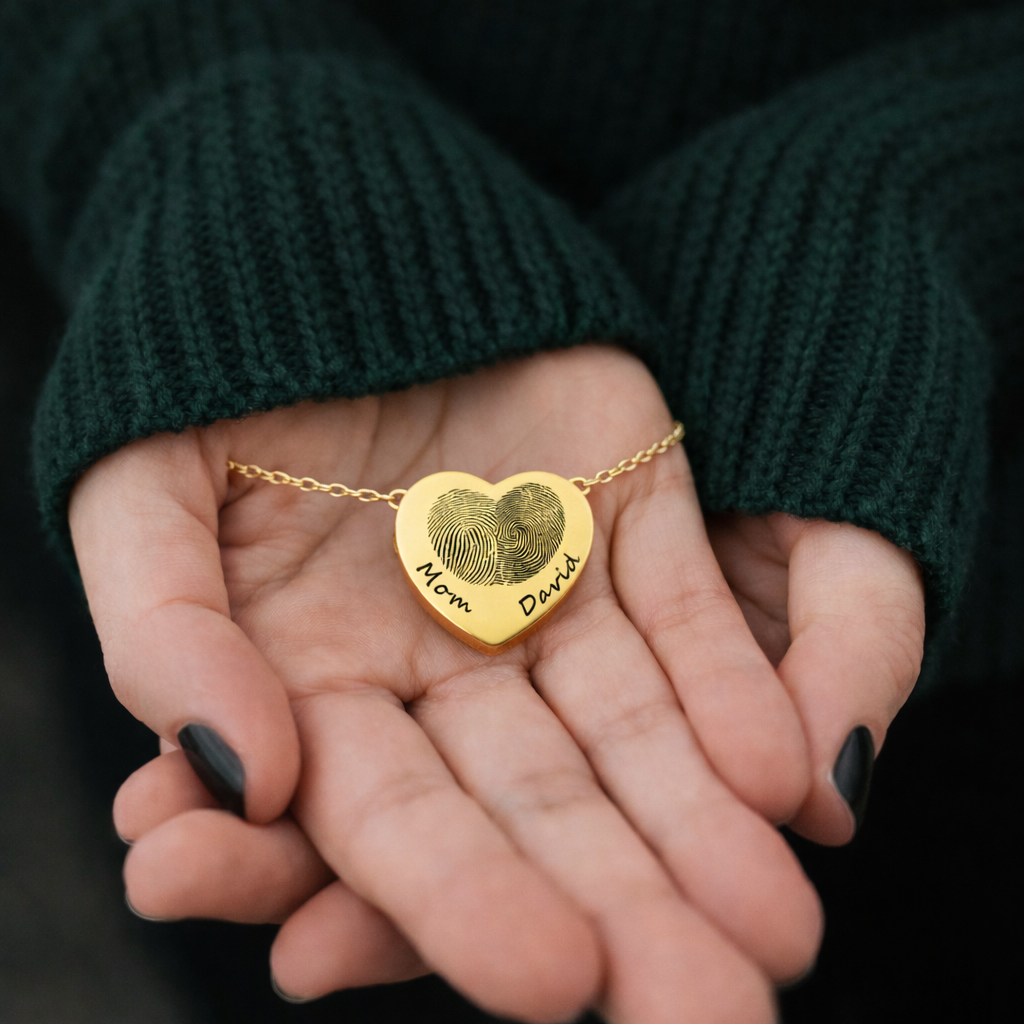 Collar de urna conmemorativa con forma de corazón con huella dactilar para cenizas humanas.