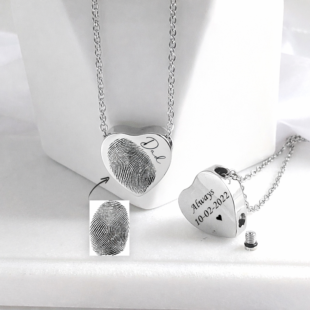 Heart urn necklace for ashes, engraved with custom fingerprint and handwriting