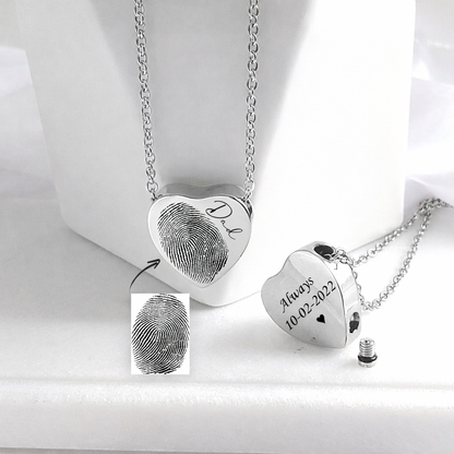 Heart urn necklace for ashes, engraved with custom fingerprint and handwriting